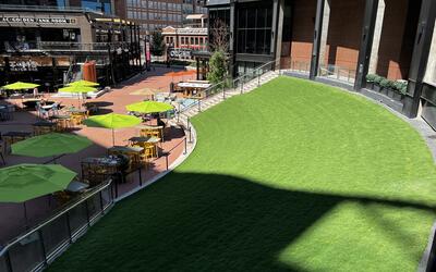 Sloped green roof lawn at McGregor Square